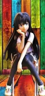 Anime figure with colorful wooden background.