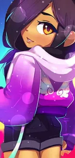 Anime girl with colorful purple hoodie in vibrant style.