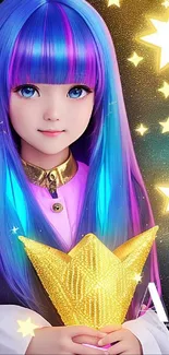 Vibrant anime girl with neon hair and glowing stars.