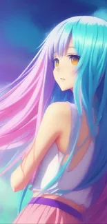 Anime girl with colorful hair against a dreamy sky wallpaper.