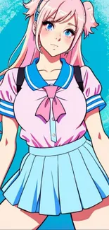 Anime girl with pastel colors and vibrant design, wearing pink and blue outfit.