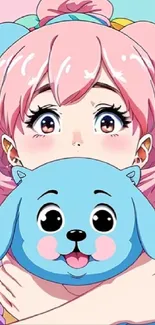 Anime girl with pink hair and blue plush in vibrant colors.