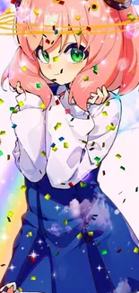 Colorful anime girl with confetti background.