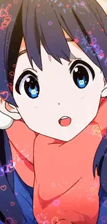 Anime girl with blue eyes and a pink scarf surrounded by glowing hearts.