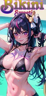 Anime girl in a bikini at the poolside with vibrant colors.