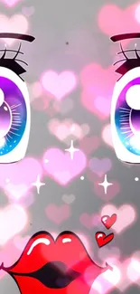 A colorful anime-inspired wallpaper with heart motifs and expressive eyes.