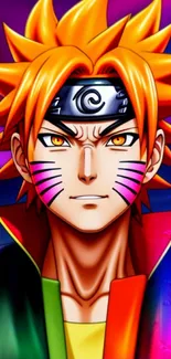 Vibrant anime hero with orange hair and colorful background.