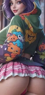 Anime character with colorful hoodie and playful design.