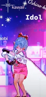 Anime idol in a vibrant neon cityscape wallpaper.