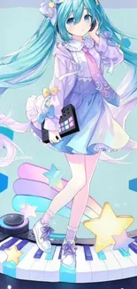 Anime girl with blue hair on a colorful keyboard.