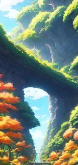 Anime landscape with vibrant foliage and bridge.