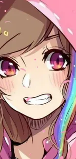 Anime portrait of a smiling character with pink hair and rainbow highlights.