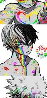 Anime characters with rainbow pride colors and artistic splatters.