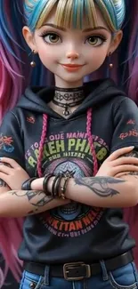 Anime styled character with colorful hair and tattoos.