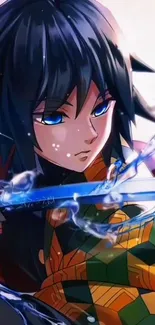 Anime character with blue sword and vibrant colors in a dynamic scene.