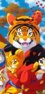 Colorful anime tiger family with vibrant background and playful atmosphere.