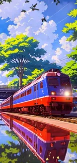 Anime-style train in vibrant colors at station.