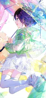 Anime girl with colorful umbrellas and vibrant background.