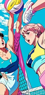 Anime volleyball players in action against a bright blue sky.