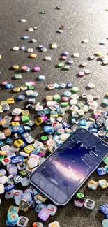 Colorful app icons scattered with cracked phone.