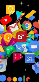 Colorful app icons splashing from a can on black background.