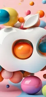 Colorful 3D apple logo with vibrant background.