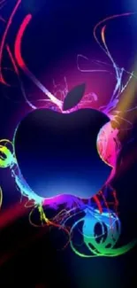 Colorful Apple logo with swirling neon colors on a dark blue background.