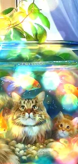 Curious cats in a colorful fishbowl with vibrant fish and leaves.