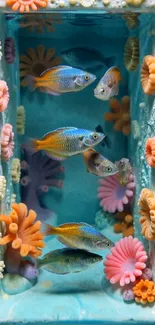 Colorful aquarium with vibrant fish and coral decorations.