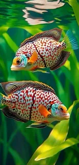 Colorful fish swim among green plants in an aquarium.