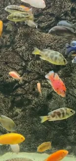 Vibrant aquarium fish swimming in rocky habitat.