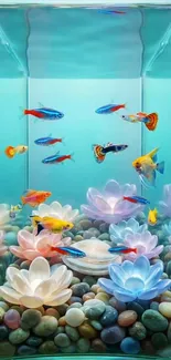 Colorful fish swim in an artistic aquarium with floating flowers.