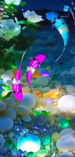 Vibrant aquarium with glowing, colorful fish and stones.