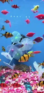 Colorful fish swim in a vibrant aquarium with blue water and pink coral.