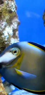 Colorful aquarium fish swimming near coral in a vibrant blue ocean scene.