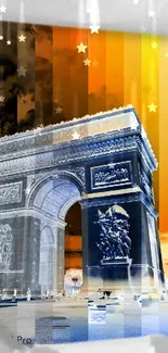 Vibrant Arc de Triomphe with colorful stripes in an abstract art design.