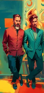 Vibrant, artistic wallpaper of two fashionable men with colorful backgrounds.