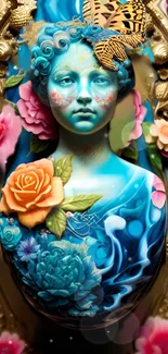 Vibrant Art Nouveau wallpaper featuring blue sculpture and colorful flowers.