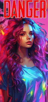 Vibrant digital illustration of a woman with colorful hair and a forest background.