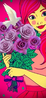 Illustration of a girl with pink hair holding purple roses and a white dove.