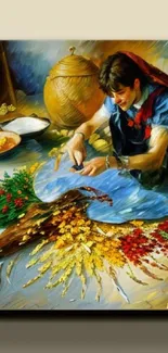 A detailed painting of an artisan creating traditional crafts with vibrant colors.