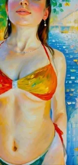 Artistic beach scene with colorful swimwear.