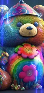 A colorful bear with flowers and rainbow hues on a vibrant wallpaper.