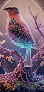 Neon-hued bird perched on artistic tree in vibrant mystic setting.