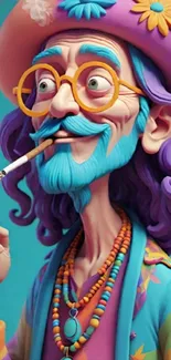 Colorful cartoon character with a vibrant outfit and smoking pipe.