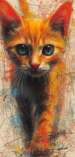 Artistic and colorful sketch of a cat on a mobile wallpaper.