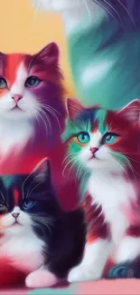 Artistic, colorful cats painting on phone wallpaper with vibrant hues.