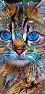 Vibrant abstract cat art wallpaper with blue eyes and colorful patterns.