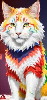 Vibrant rainbow cat on artistic mobile wallpaper.