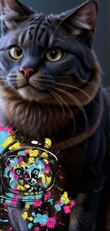 Artistic cat with colorful splashes on dark background.